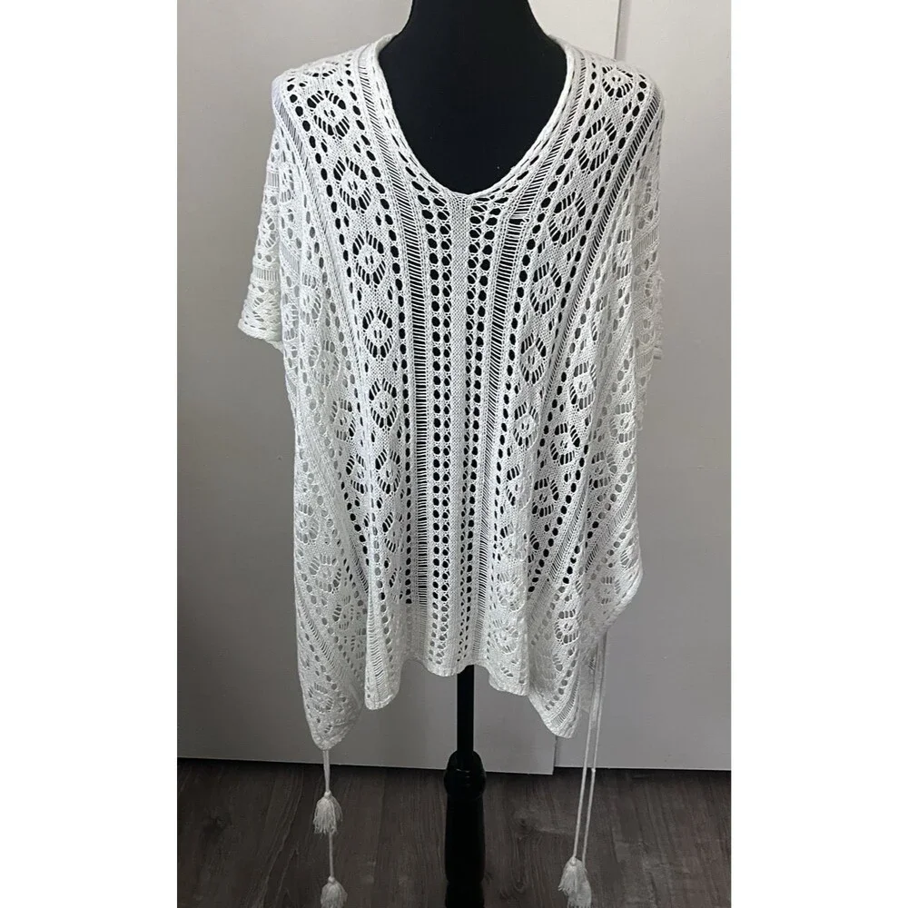 Women Open Knit Crochet Lace up Sides Boho Festival Hippie Swim Cover‎ Up Cream